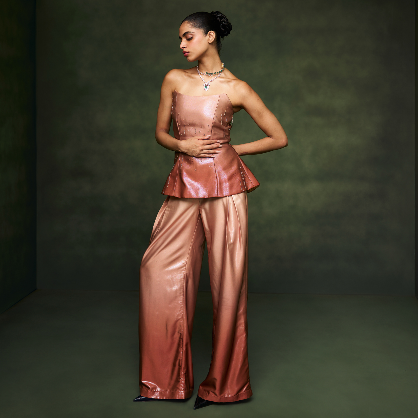 Leather Ombré Embellished Corset with Pants