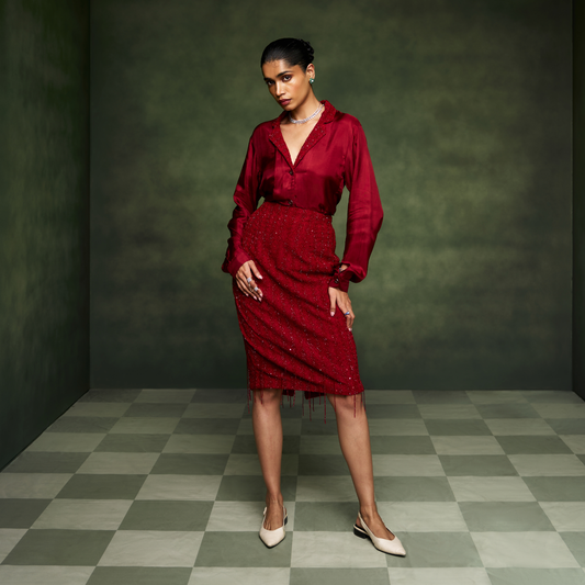 Red Shirt with Tasseled Skirt Set