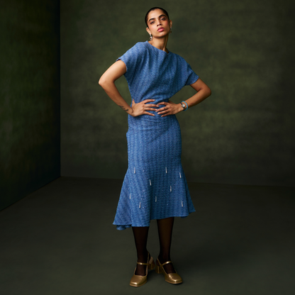 Blue Knit with Pearl Tasseled Dress