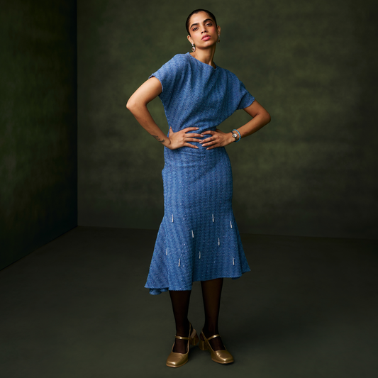 Blue Knit with Pearl Tasseled Dress