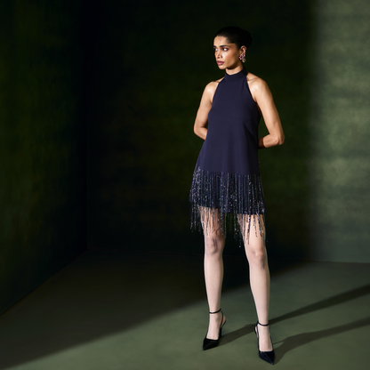 Blue Tasseled Halter Neck Dress