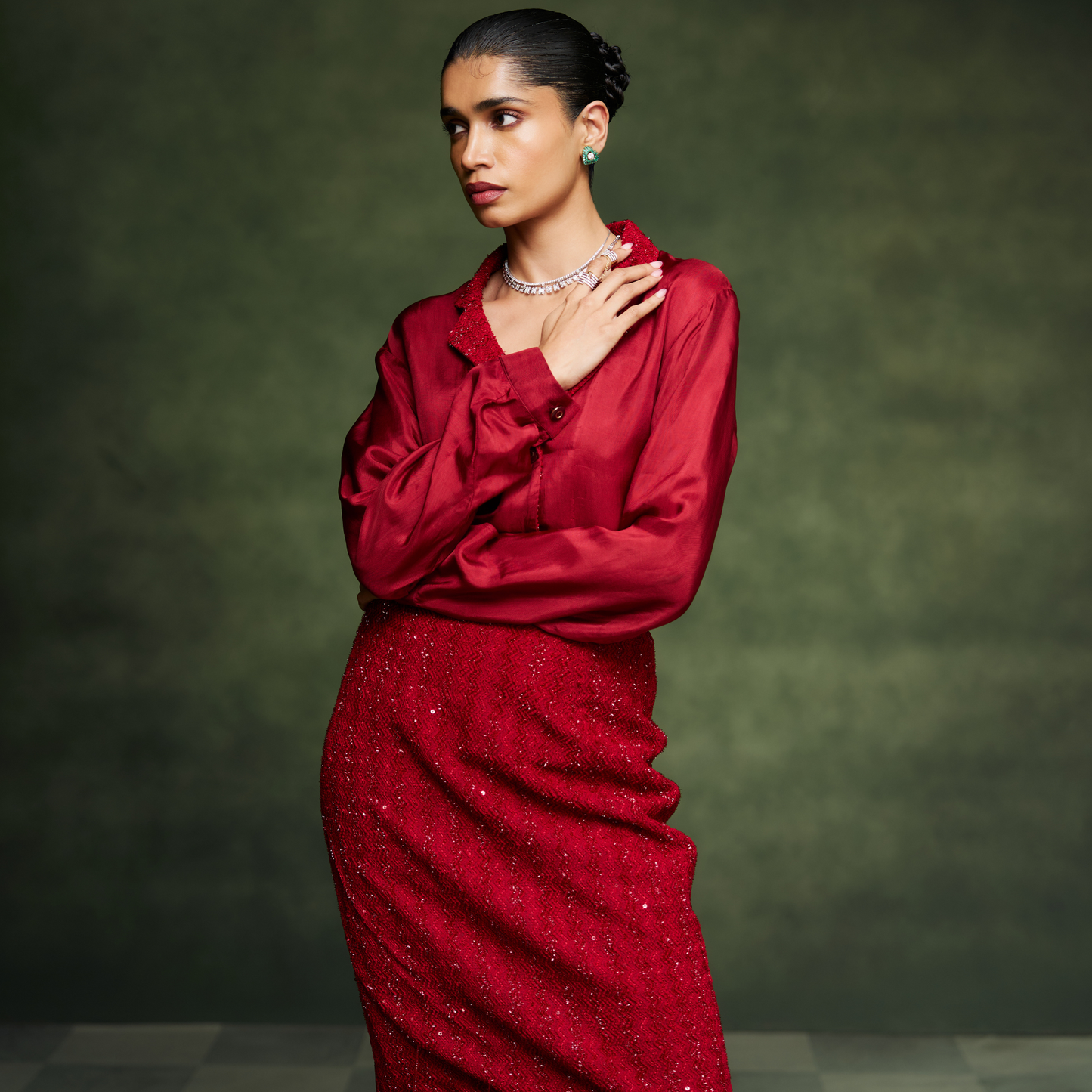 Red Shirt with Tasseled Skirt Set