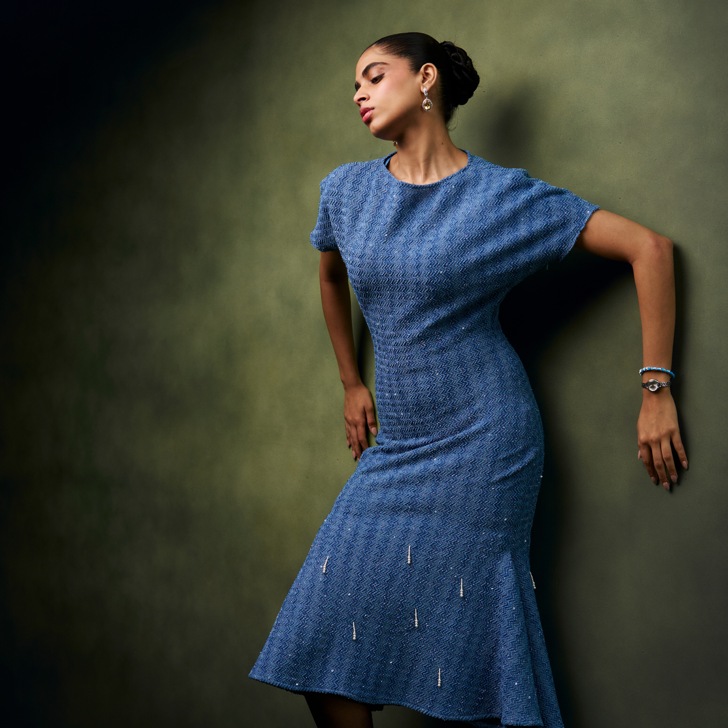 Blue Knit with Pearl Tasseled Dress