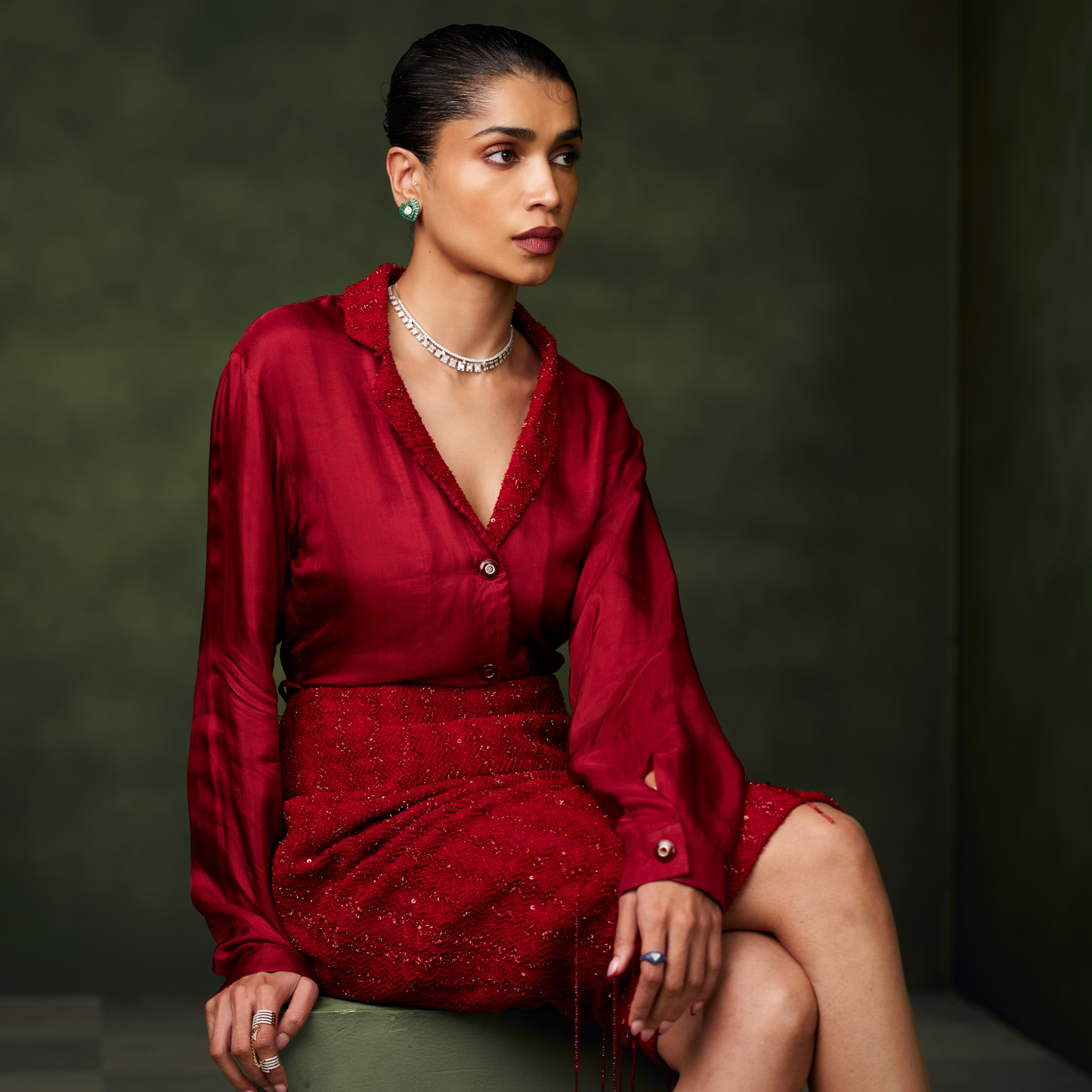 Red Shirt with Tasseled Skirt Set